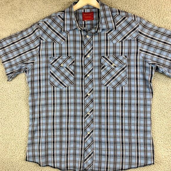 Rustler Western Shirt Mens Large X Long Tails Blue Plaid Pearl Snap Cowboy Ranch - Picture 1 of 11